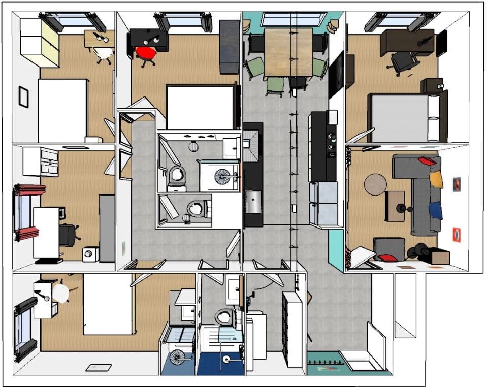 vue en plan perspective appartement colocation chambres